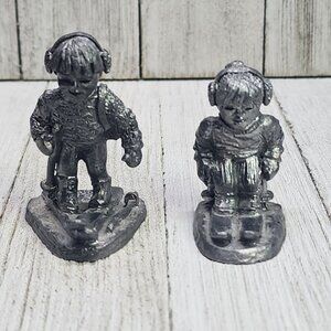 Vintage Ricker Bartlett Pewter Figurines Boy and Girl Skiing 1980's SET